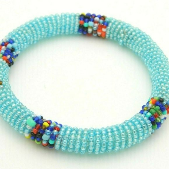 Vintage Jewelry - Blue Multi-Color Seed Bead Bangle Bracelet Funky